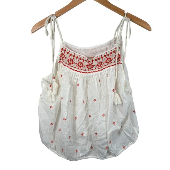 Free People Boho Top‎ Size Large Ivory Embroidered Sleeveless Cotton Tie Straps - Picture 1 of 10